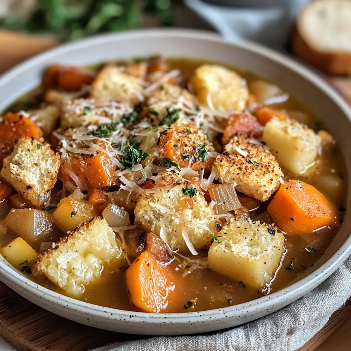 Hearty Easy Sheet Pan Soup Recipe with Roasted Vegetables and Cheese Croutons