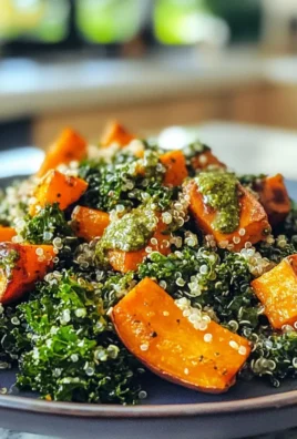 Savory Roasted Sweet Potato Kale and Quinoa Salad with Pesto Vinaigrette