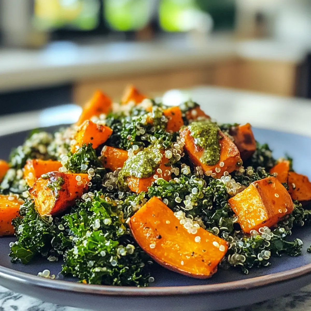 Savory Roasted Sweet Potato Kale and Quinoa Salad with Pesto Vinaigrette