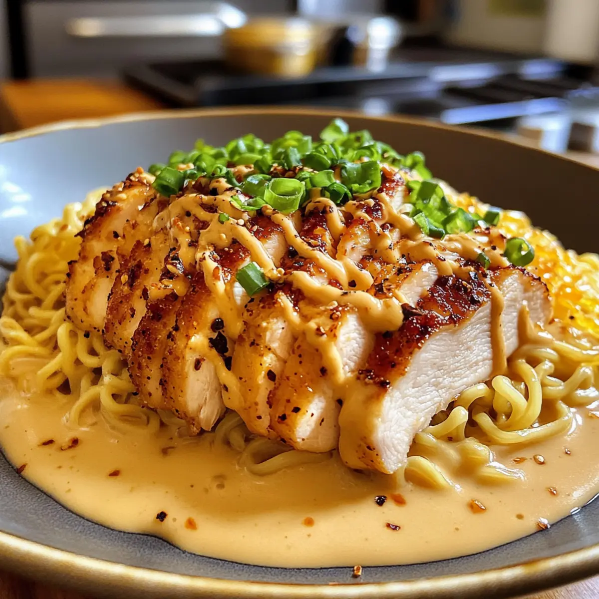 Delicious Fiery Creamy Chicken Ramen with Garlic Sauce Recipe