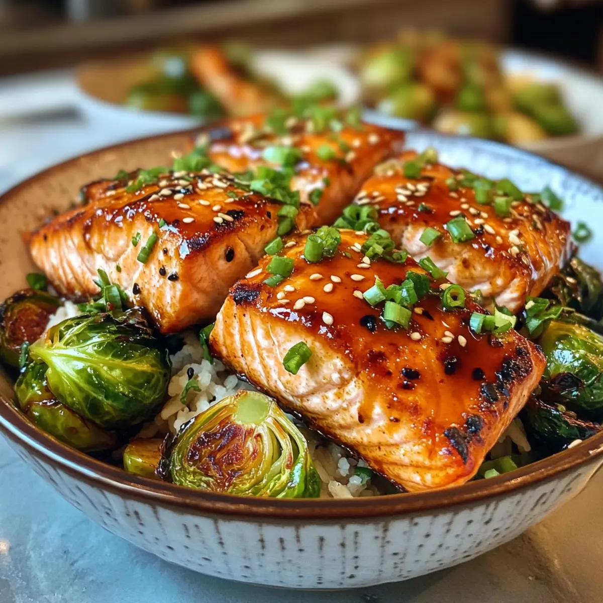 Delicious Teriyaki Salmon Bowls with Crispy Crunchy Brussels Sprouts