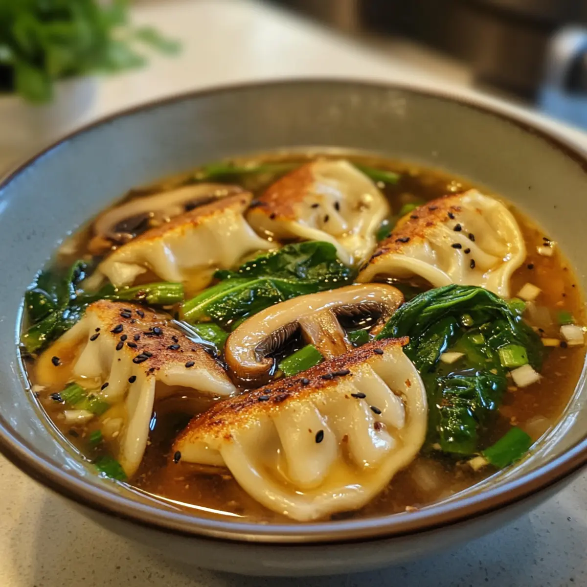 Hearty Comforting Potsticker Soup with Mushrooms & Bok Choy
